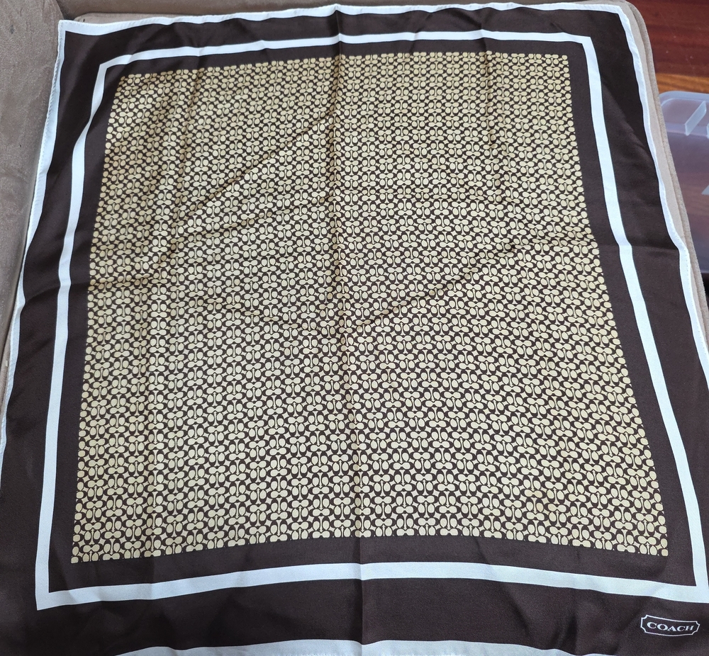 Coach Brown/khaki Silk Signature Scarf Approx 20x21